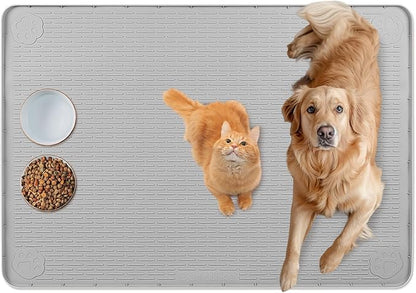 Cat Food Mat, 34" x 22" Large Silicone Pet Feeding Mat for Food and Water Bowls Non-Slip, Easy to Clean (Light Grey)