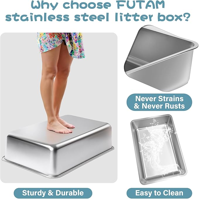 2 Pack Stainless Steel Cat Litter Box, 23.6"x15.8"x8" XXL Stainless Steel Litter Box 8 inch Deep, Extra Large Metal Litterbox for Big Cats, Non Stick Easy Clean Surface, High Sided
