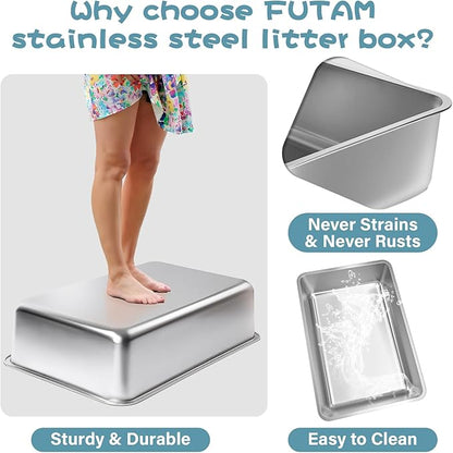 Stainless Steel Litter Box 2 Pack, 23.6“x15.7"x6" Deep Stainless Steel Cat Litter Box Extra Large, XL Metal Litterbox for Big Cats with High Sides, Non Stick Surface, Easy to Clean