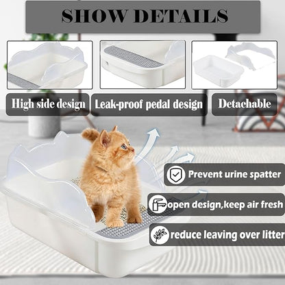 kathson Open Cat Litter Box with High Side,Anti-Splashing Cats Litter Pan,Kitten Toilet with Litter Sifting Scoop,Semi-Enclosed Removable Kittens Litter for Boxes Easy to Clean No Odor 11×17×7 inches