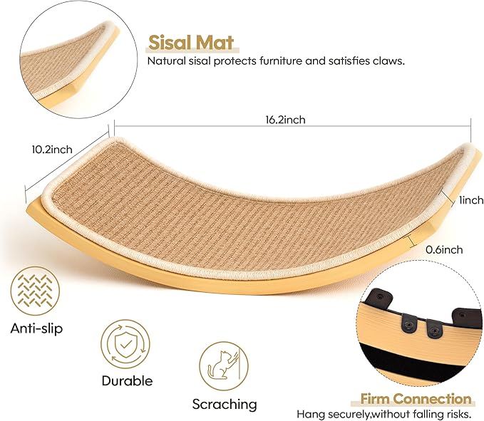 Wood Cat Wall Shelves with Sisal Cats Window Perch, Wall Mounted 4-Piece Cat Climbing Set with Curved Bed, Flat Perch and Sisal-Covered Steps