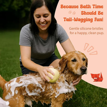 HamInWay Dog Bath Brush, 2-in-1 Dog Grooming Brush with Built-in Shampoo Dispenser, Gentle Silicone Bristles for Bath & Massage, Non-Slip Handle, Easy Clean Design for Dogs, Cats & Small Pets, Yellow