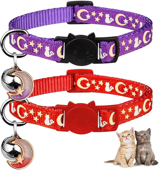 2PCS Breakaway Cat Collars with Bell Cute Kitty Glow in The Dark Adjustable Kitten Collars 7.9-13.0 Inch(Red&Purple)