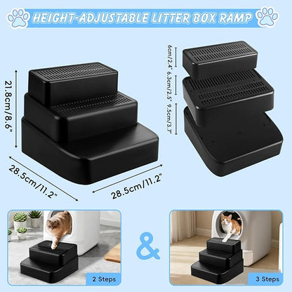 Adjustable 3 Steps Litter Box Ramp, Litter Box Step with Filter Function, Easy to Clean Cat Litter Stair Catcher for Older Cats and Small Cats (Black)