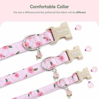Faygarsle Pink Floral Dog Collar with Roses Pattern, Spring Summer Design for Small Medium Large Dogs XS