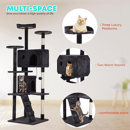 FDW | 70" Cat Tree Tower | Dark Gray | Multi-Level Indoor Activity Center with Sisal Scratching Posts, Condos, Plush Perches, Hanging Cat Toys | Sturdy, Easy to Assemble | for Kittens & Adult Cats