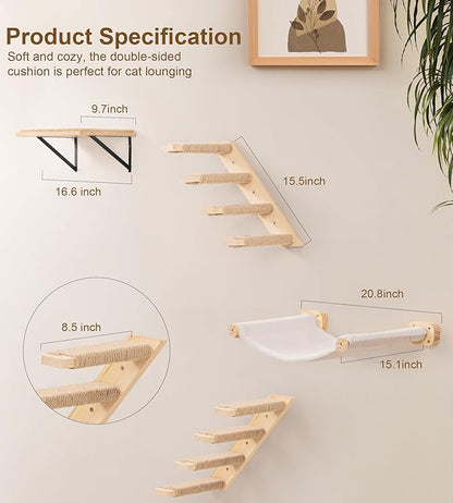 Cat Wall Shelves Set of 4, with 1 Floating Fabric Hammock, 2 Ladders with 4 Steps Each & 1 Flat Shelf – Wall Mounted Bed Furniture & Climber for Large Cats, Indoor Playground