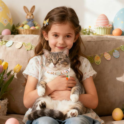 2 Pack Easter Cat Collars,DOGWONG Cute Breakaway Kitty Collars,Blue Bunny Pink Carrot Cat Collar with Bell, Easter Kitten Collars for Girl & Boy Cats