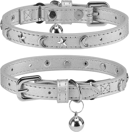 Leather Cat Collars for Boy Girl Cats with Bell and Safety Elastic Belt, Personalized Star and Moon Stud Adjustable Safe Buckle Collar for Kitty Small Big Cats Size 7-9 Inch, Silver Grey