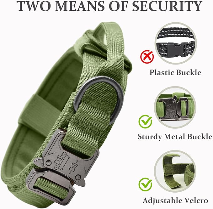 Tactical Dog Collar, Adjustable Military Training Nylon Dog Collar with Control Handle and Heavy Quick-Release Metal Buckle for Small Medium Large Dogs, Green M