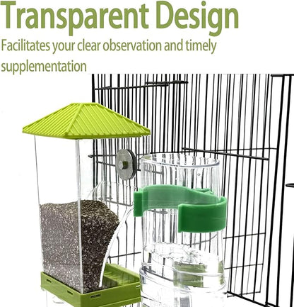 No Mess Bird Feeder Water Dispenser Set, Automatic Parrot Feeder for Cage Transparent Acrylic Food Container Drinker Cage Accessories Parakeet Cockatiel Lovebird Finch (Green)