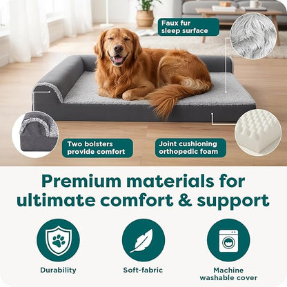 FurHaven Orthopedic Dog Bed for Large Dogs, L-Shaped Chaise Contour Mattress with Solid Orthopedic Foam Slab for Joint Support, Removable Washable Cover, Jumbo Plus XXL, Faux Fur & Suede, Espresso