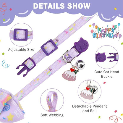 SCENEREAL Cat Bandana Collar for Birthday - 2 Pack Breakaway Kitten Collars with Bell Bowtie, Accessories for Pet, Adjustable Cute Cat Collars for Cats and Small Dogs Boys Girls, Purple