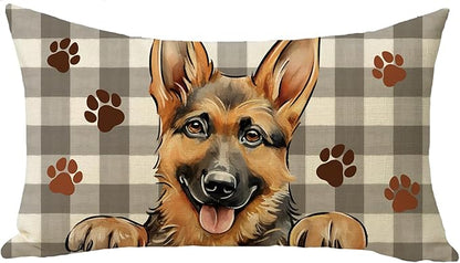 German Shepherd Dog Lumbar Decorative Throw Pillow Cover 12x20, Rectangular Paw Prints Outdoor Home Decor Pet Owner Lover Gift, Farmhouse Buffalo Plaid Sofa Couch Cushion Case Housewarming Gifts