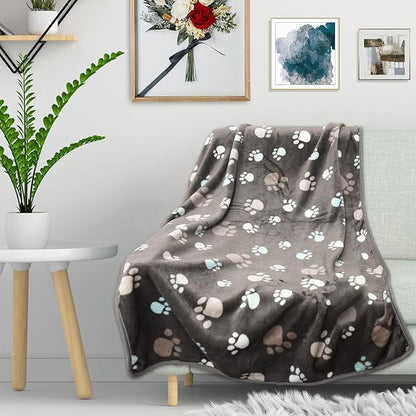 Rezutan Dog Blanket for Large Dogs, Upgraded 3 Pack Dog Cat Flannel Blankets Washable, Soft Pet Mat Throw Cover Suitable for Kennel Crate Bed, Cute Paw Pattern, Grey/Brown/White, 31" x 41"