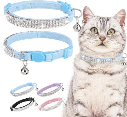 EXPAWLORER Soft Velvet Safe Cat Collars for Girl Cats - Rhinestones Bling Diamante Adjustable Collars Breakaway- Chirstmas Cat Clollar Gifts with Bells for Boy Cats Kitty and Small Dogs