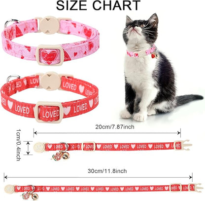 Cat Collar, 2 Pack Cat Collars Cute Breakaway Kitty Collar with Bell, Valentine's Day Kitten Collars Pink Hearts with Safety Buckle for Girl and Boy Cats