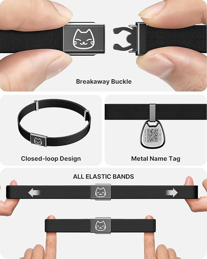 Cat Collar with QR Code Name Tag, Breakaway Kitten Collar for Boy & Girl Cats, Ultra Soft Elastic Adjustable Band, Safety Break Away Buckle, Comfortable & Secure Pet ID Collar (6"-12"), Black