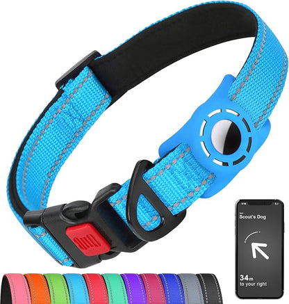 Airtag Dog Collar with AirTag Holder for Large Dogs, Reflective, Soft Padded & Safety Locking Buckle, Nylon Pet Collars Adjustable for All Breeds, SkyBlue,L