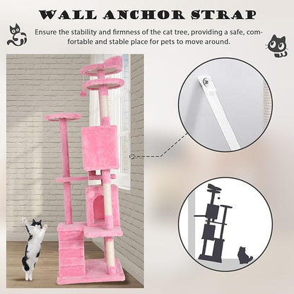 Heavy Duty Cat Tree Tower, 70" Tall Cat Tower for Indoor Cats with Cat Scratching Post with Bed, Cat Condo, Hanging Ball, Multi-Level Cat Climbing Tower Cat Trees Furniture Activity Center, Pink