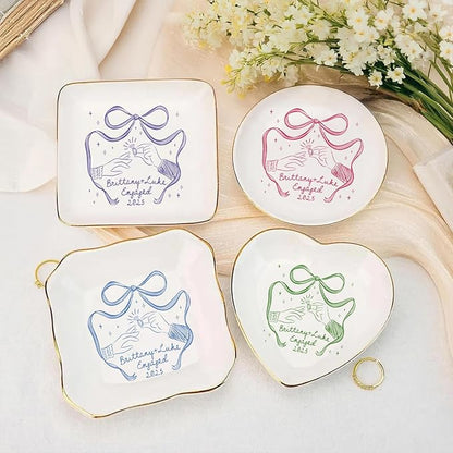 Custom Engaged Ring Dish - Personalized Bow & Rings Exchange Illustration Jewelry Tray, Engagement Trinket Holder Dish, Gifts for Newly Engaged Couple, Bride, Wife, or Bestie