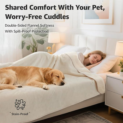 LOOBANI Waterproof Blanket for Bed: Reversible Soft Flannel Queen Bed Blanket 80" x 90", Waterproof Dog Blankets for Large Dogs, Spill-Proof Cover for Furniture Protection, Movie Time, Beige