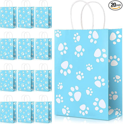 Blulu 20 Pcs Puppy Dog Paw Gift Bags with Paper Twist Handles, Dog Gift Paper Paw Treat Goodie Bags for PET Treat Party Favor, 6.3 x 3.1 x 8.6 Inch(Blue Backing)