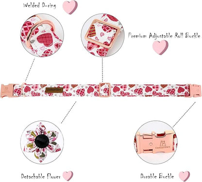 Lionheart Glory Heart Dog Collar, Valentine's Day Dogs Collar with Flower, Cute Floral Pattern Pet Collars Adjustable Dog Collars for Small Dogs