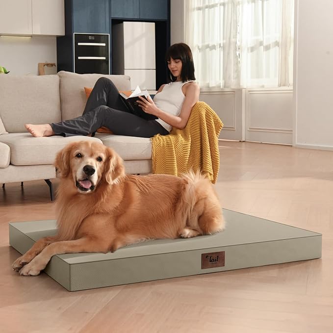 Outdoor Extra Large Dog Crate Bed, XXL Waterproof Dog Bed for Giant Breeds Dogs, 47x29 Inch Orthopedic Egg Crate Foam Pet Mat with Removable Cooling Cover, Khaki