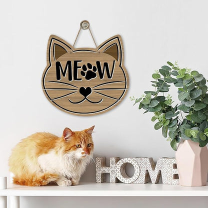 Cute Cat Meow Front Door Sign, Pet Farmhouse Wood Door Hanger Outdoor Outside Porch Decor, Paw Print Rustic Wooden Wreath Indoor Wall Hanging Decoration Cat Lover Owner Gift
