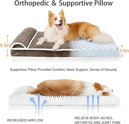 Orthopedic Jumbo Dog Bed Large Sized Dog with Pillow 56''X40'' Waterproof Soft Comfortable Egg Crate Foam Pet Crate Beds Mat with Removable Washable Cover and Non-Slip Bottom, Taupe