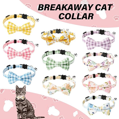 10 Pcs Spring Cat Collar Breakaway with Bow Tie and Bell Kitten Collars Removable Bowtie Plaid Flower Cat Collar for Cats Kittens Puppy(Flower)