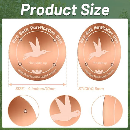 4 Inches Pure Copper Bird Bath Purification Disk,0.6mm thick,Reinforced Copper Purification Cleaner with Four-Point Support,All-Season Safe Clean Water Solution,Universal Fit for Outdoor Birdbath&Bowl