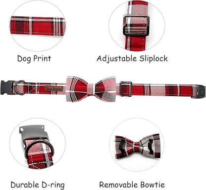 Dog Collar, Christmas Dog Collar Plaid Pet Collar Bow Holiday Bows Girl Boy Puppy Collar Adjustable Pet Collar for Small Dogs