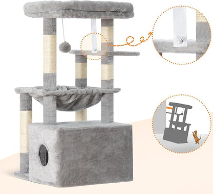 Heybly Cat Tree, Kitten Tower with Large Soft Cat Basket, Cat Condo with Spacious Cat Bed Cave with Hidden Space, Sisal-Covered Scratching Posts, Dangling Ball for Indoor Cats, Light Gray HCT008SW
