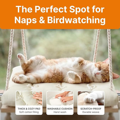 Cat Window Perch with Industrial-Grade Suction Cups - Solid Pine Wood Hammock Bed, Soft Cushion - 42 lb Capacity for Cats Inside