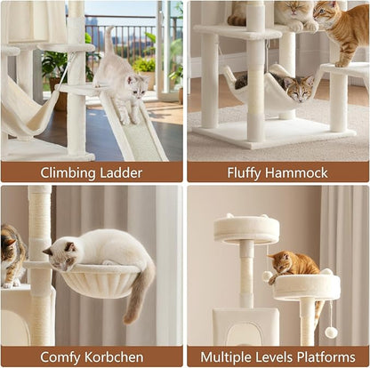 Sweetcrispy Cat Tree 75 Inch, Large Multi-Level Tall Cat Tree Tower with Condo, Perches, Sisal Scratching Posts Board and Hammock, Pet Play House with Dangling Balls for Indoor Cats, Beige