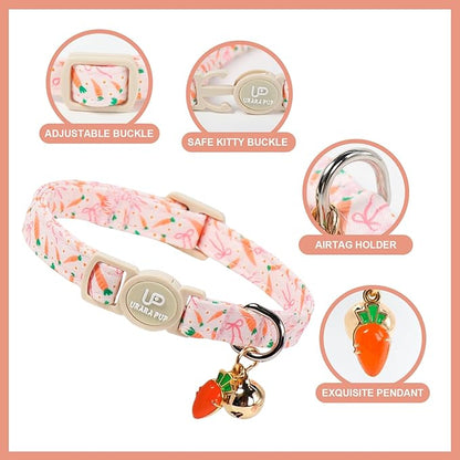 Cat Collar,2Pack Easter Day Cat Collars Cute Breakaway Kitty Collars,Easter Chicks & Carrots Cat Collar with Bell, Spring Pink Bow Kitten Collars with Safety Buckle for Girl & Boy Cats