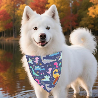 ADOGGYGO Dinosaur Dog Bandanas 2 Pack, Reversible Colorful Animal Pet Scarf, Premium Fabric, Adjustable Fit Yellow Blue Dinosaur Bandanas for Medium Large Dogs (Large)