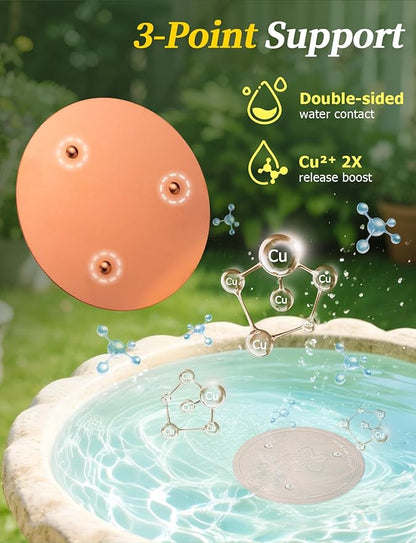 Mellbree 2-Pack Bird Bath Copper Disk, 0.6mm Reinforced 99.99% Pure Copper Cleaning Disk with Triple-Point Support for Physical Safe Clean Water, Universal Fit for Outdoor Birdbaths, Bowl (Flower)