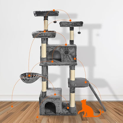 Amazon Basics Large Cat Tree Tower, Multi-Level Activity Center with 2 Large Condos, Multiple Sisal Scratching Posts and Hanging Pompoms, Gray, 68 Inches