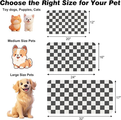 Checkered Dog Food Mat, Absorbent Leak-Proof Pet Feeding Mat, Quick Dry Cat Food Mat for Messy Drinkers 17" x 32" Black