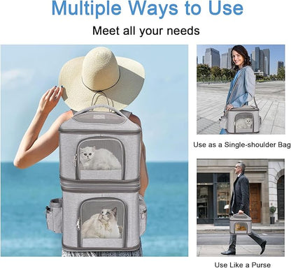 Detachable Double Pet Carrier Backpack for Cats and Small Dogs, Cat Travel Carrier for 2 Cats, Perfect for Traveling/Hiking/Camping, Grey