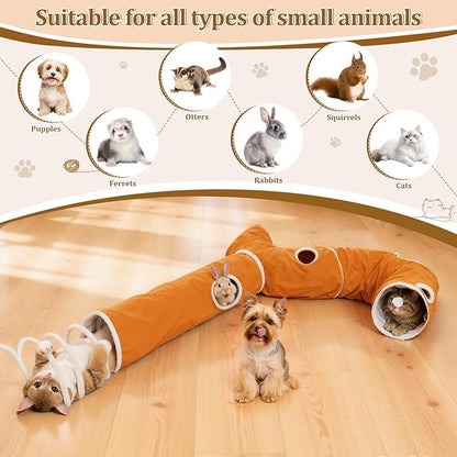 Ownpets 2-in-1 Cat Tunnel, Large Lollipop Shape Cat Tunnel Toy with Fluffy Balls, Spiral Toy, Plush Collapsible Cat Cave Hideout Donut Tunnel for Multi Kitten Puppy Rabbit (Orange)