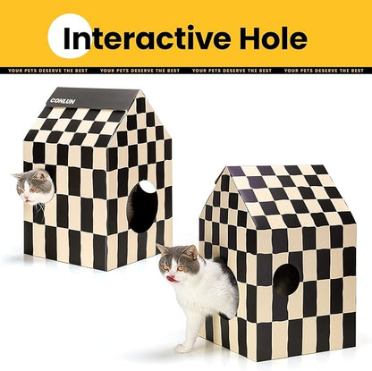 Cardboard Cat House with Scratch Pad & Catnip, Cat Play Scratching House for Indoor Hideaway Furniture, Heavy Duty Sturdy Cardboard Scratcher, Easy to Assemble Birthday Gift, Medium, 2 Pack