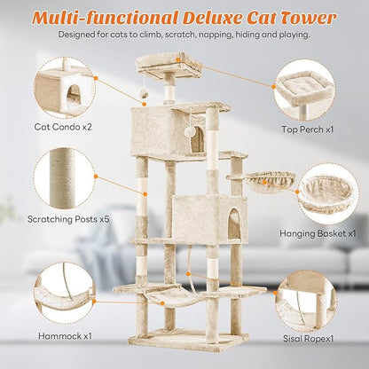 Sweetcrispy 66 Inch Cat Tree Tower, Multi Level Cat Climbing Tower with Natural Sisal Scratching Posts, Hammock, Pet Condo for Indoor Cats and Kittens Play, Beige