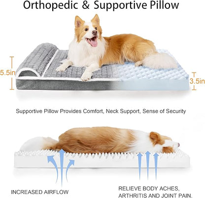 Orthopedic Dog Bed Medium Size Dog with Pillow 30''X20'', Waterproof Soft Comfortable Egg Crate Foam Pet Crate Beds Mat with Removable Washable Cover and Non-Slip Bottom, Grey