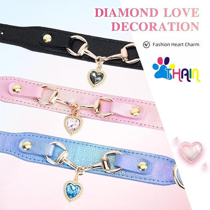THAIN Fashion Dog Collar with Bling Diamonds & Heart Charm – 5 Holes Adjustable PU Leather Rhinestones Necklace Collar, Gold Buckle for Medium Dogs Girl boy (Black, M)