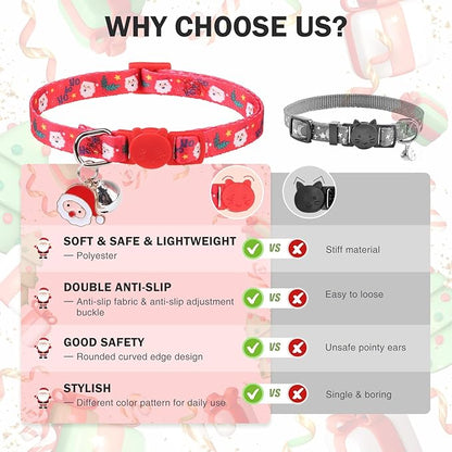 3 Pack Christmas Cat Collars Breakaway with Bell & Charm-Holiday Cat Collar for Girl Boy Cats with Safety Buckle- Cute Santa Snowman Kitten Collar Adjustable 8"-12" for Kitty Puppy Small Pets