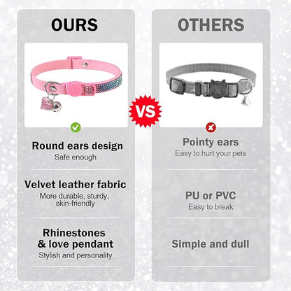 Rhinestone Cat Collar Breakaway with Bell, Diamond Cat Collar with Safety Buckle Quick Release for Girl Boy Small Kitten Pets Puppy,Cute Soft Female Male Cat Collars, Colorful Pink 8-12"